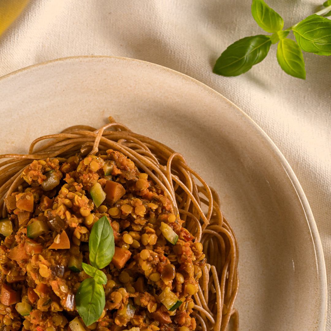 Linsenbolognese mit Dinkelvollkornspagetti (Bio)